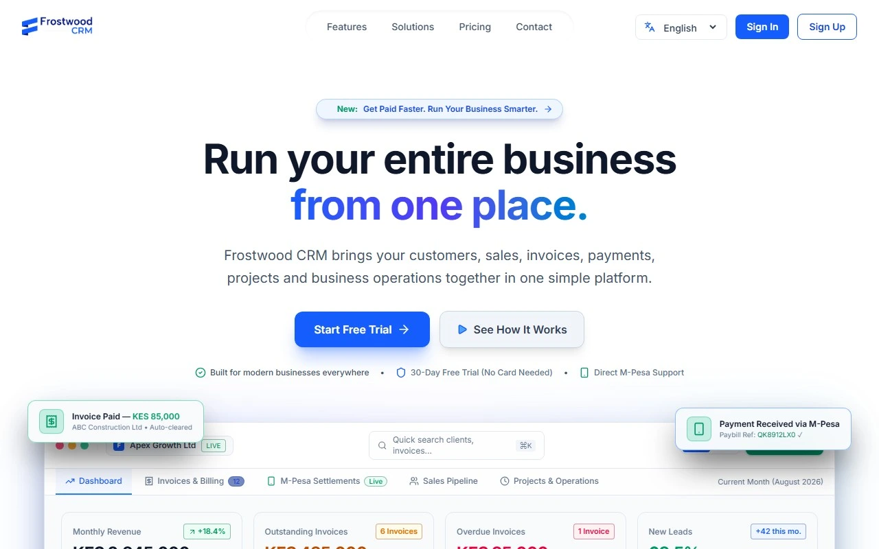 Frostwood CRM business management and M-Pesa invoicing SaaS platform designed in Figma
